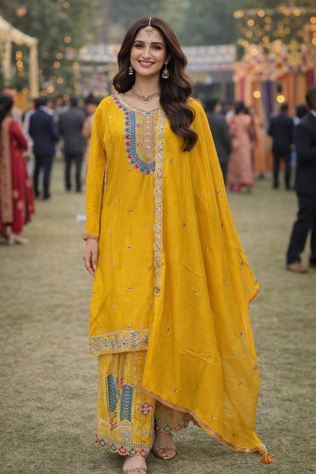 Free Size Stitched Yellow Floral Embroidered Chinon Palazzo Suits (ACA6397)