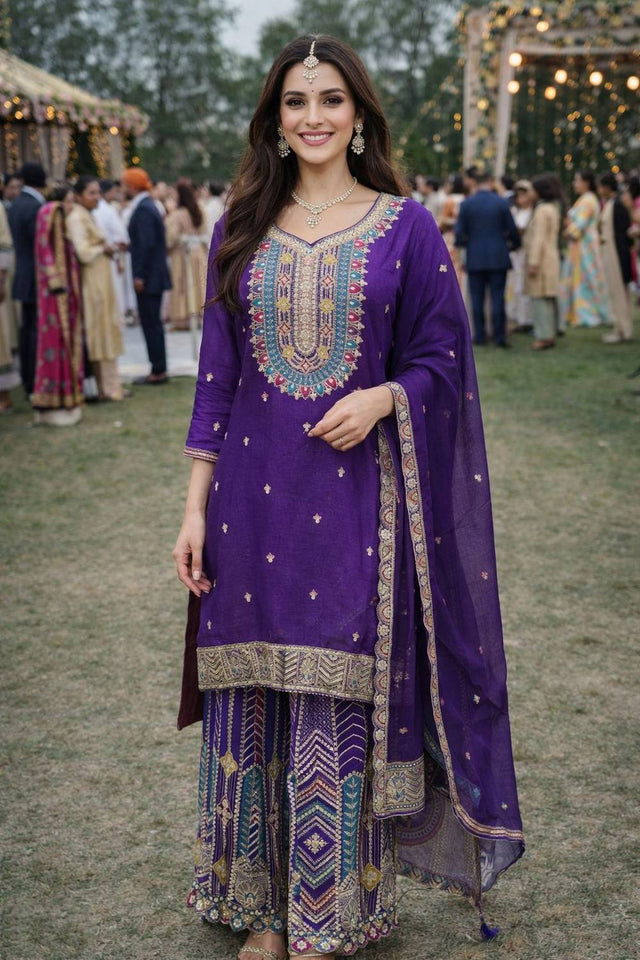 Free Size Stitched Purple Floral Embroidered Chinon Palazzo Suits (ACA6398)