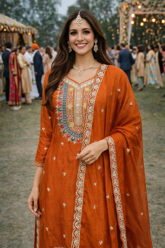 Free Size Stitched Rust Floral Embroidered Chinon Palazzo Suits (ACA6399)