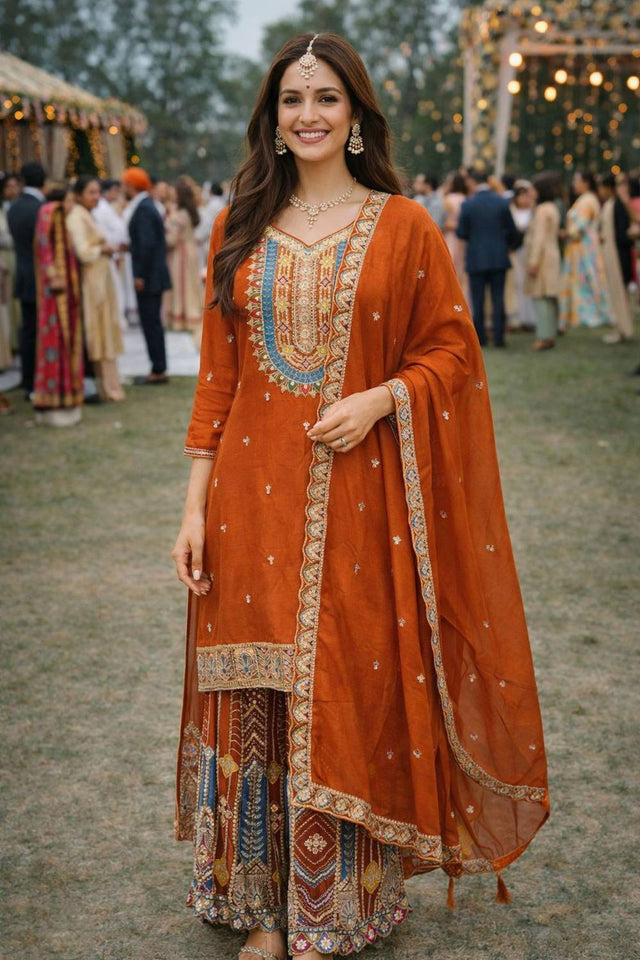 Free Size Stitched Rust Floral Embroidered Chinon Palazzo Suits (ACA6399)
