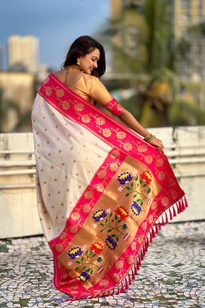 Cream Woven Soft Silk Saree (ACA6410)