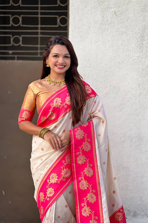 Cream Woven Soft Silk Saree (ACA6410)