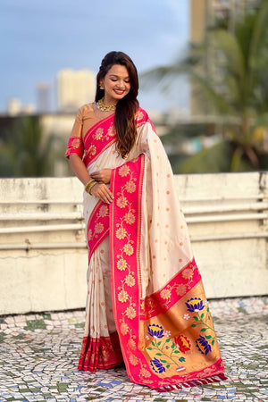 Cream Woven Soft Silk Saree (ACA6410)