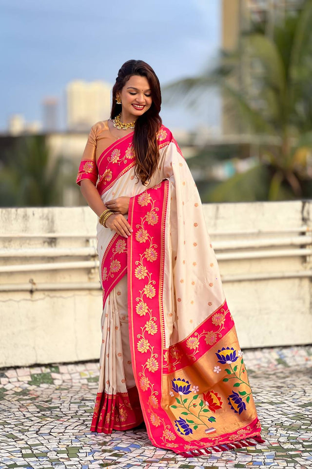 Cream Woven Soft Silk Saree (ACA6410)