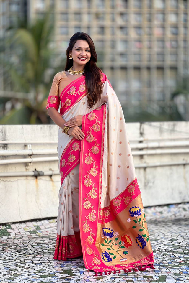 Cream Woven Soft Silk Saree (ACA6410)
