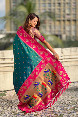 Turquoise Woven Soft Silk Saree (ACA6412)