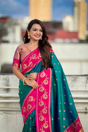Turquoise Woven Soft Silk Saree (ACA6412)