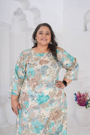 Off White Floral Printed Rayon Long Kurtis (ACA6417)