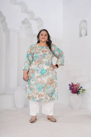 Off White Floral Printed Rayon Long Kurtis (ACA6417)