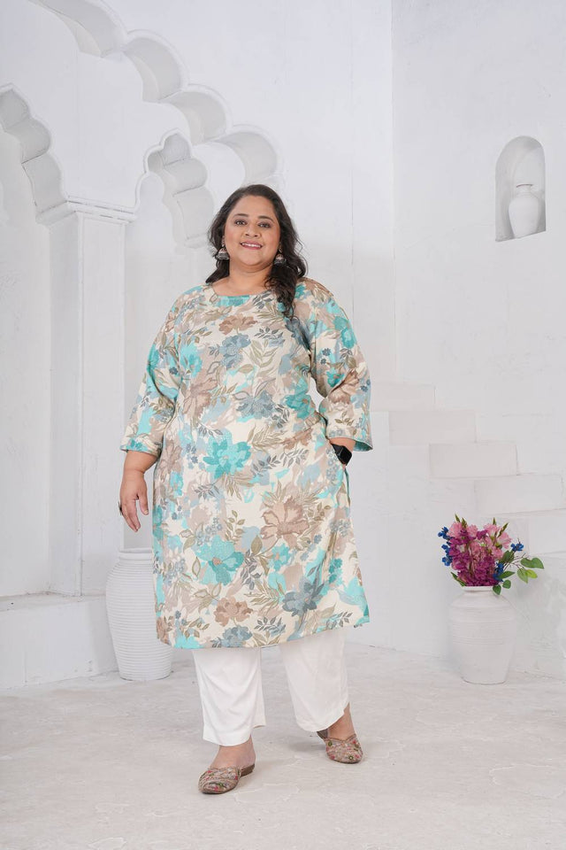 Off White Floral Printed Rayon Long Kurtis (ACA6417)