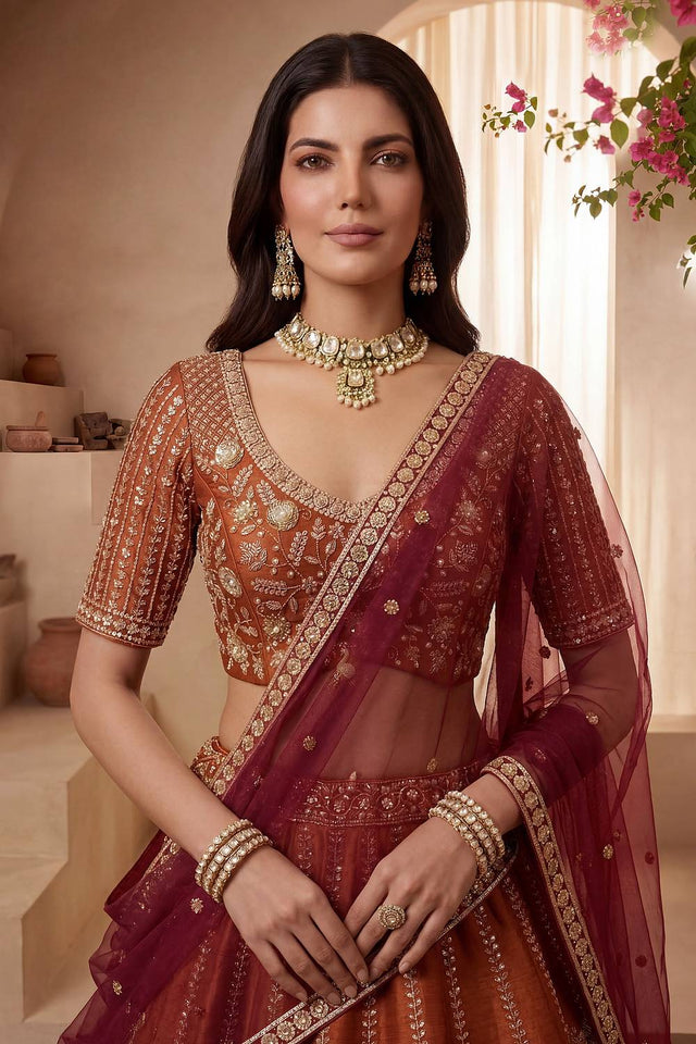 Orange Sequin with Embroidered Silk Lehenga (ACA6432)