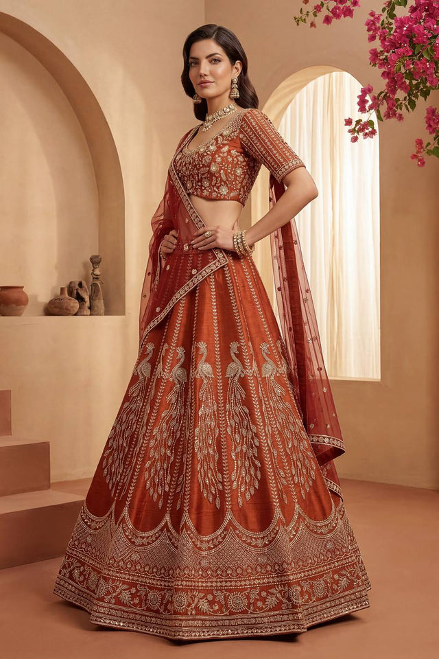 Orange Sequin with Embroidered Silk Lehenga (ACA6432)