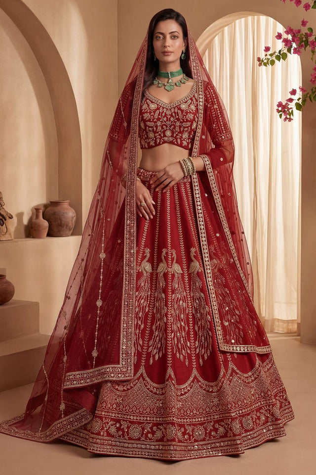 Red Sequin with Embroidered Silk Lehenga (ACA6433)