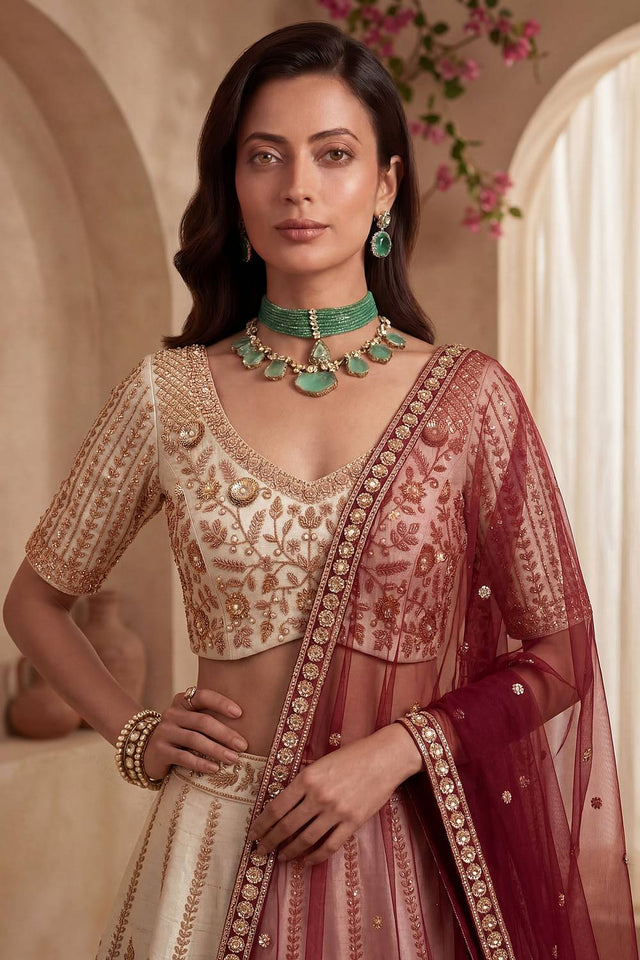 Off White Sequin with Embroidered Silk Lehenga (ACA6435)