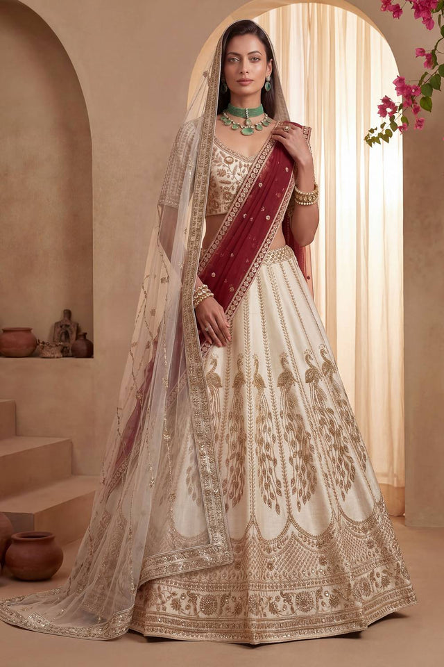 Off White Sequin with Embroidered Silk Lehenga (ACA6435)
