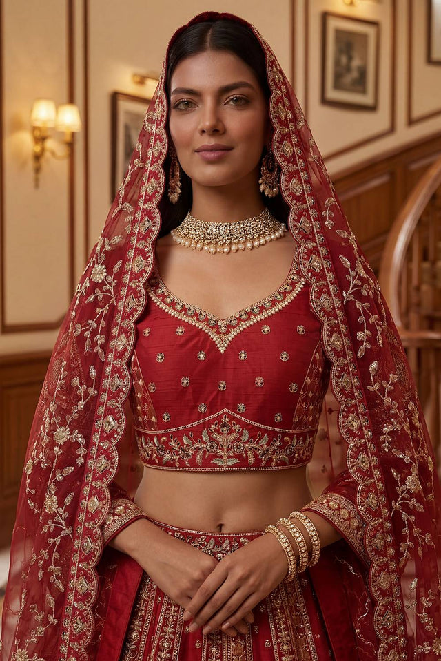 Red Sequin with Embroidered Silk Lehenga (ACA6437)