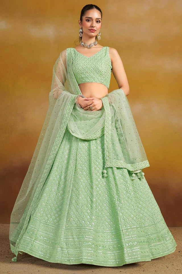 Turquoise Sequin with Embroidered Georgette Lehenga (ACA6449)