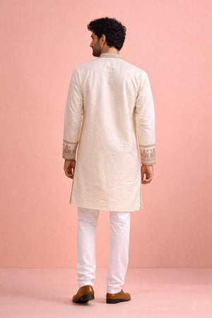 Mens Cream Printed Silk Kurta Set (ACA6534)