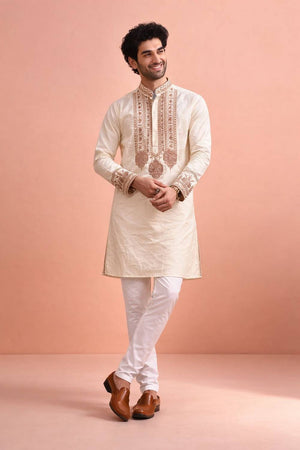 Mens Cream Printed Silk Kurta Set (ACA6534)