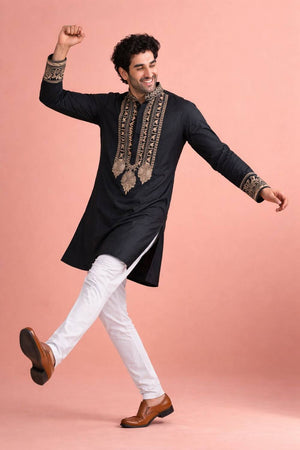 Mens Black Printed Silk Kurta Set (ACA6535)