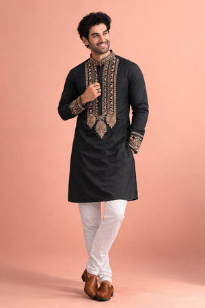 Mens Black Printed Silk Kurta Set (ACA6535)