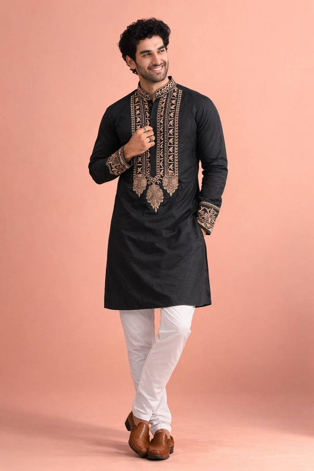 Mens Black Printed Silk Kurta Set (ACA6535)