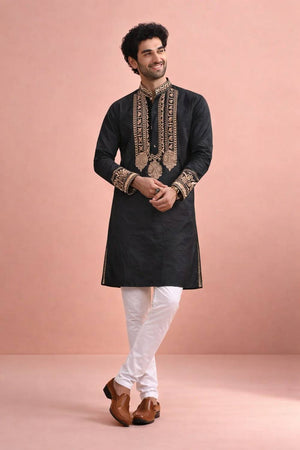 Mens Black Printed Silk Kurta Set (ACA6535)
