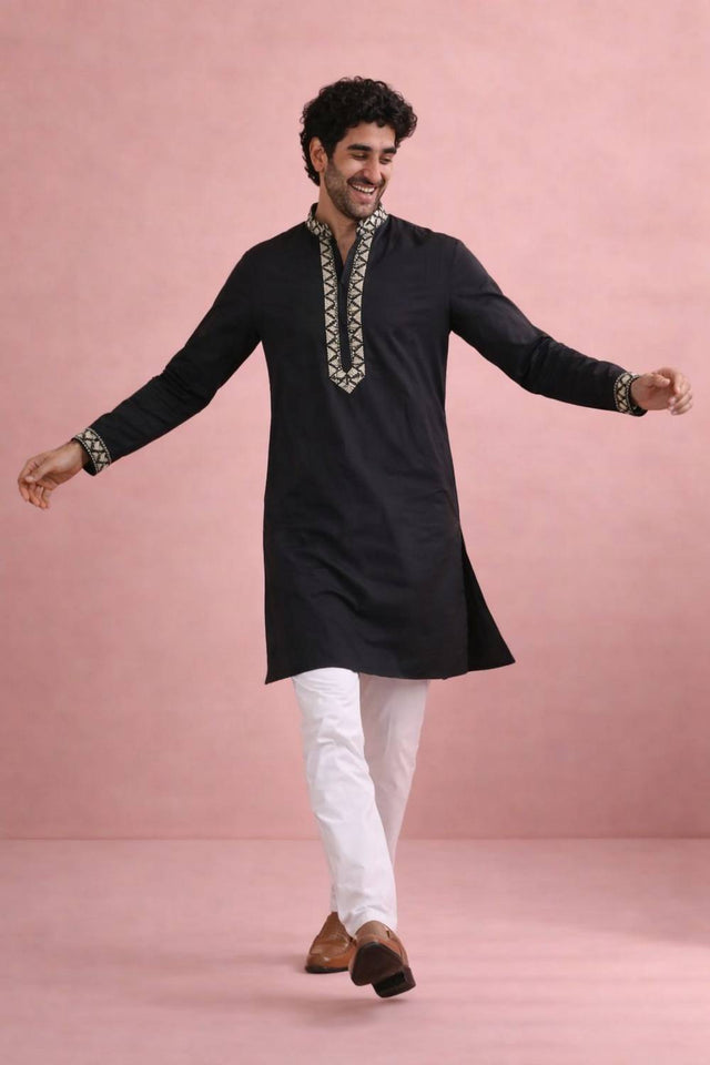 Mens Black Printed Silk Kurta Set (ACA6536)