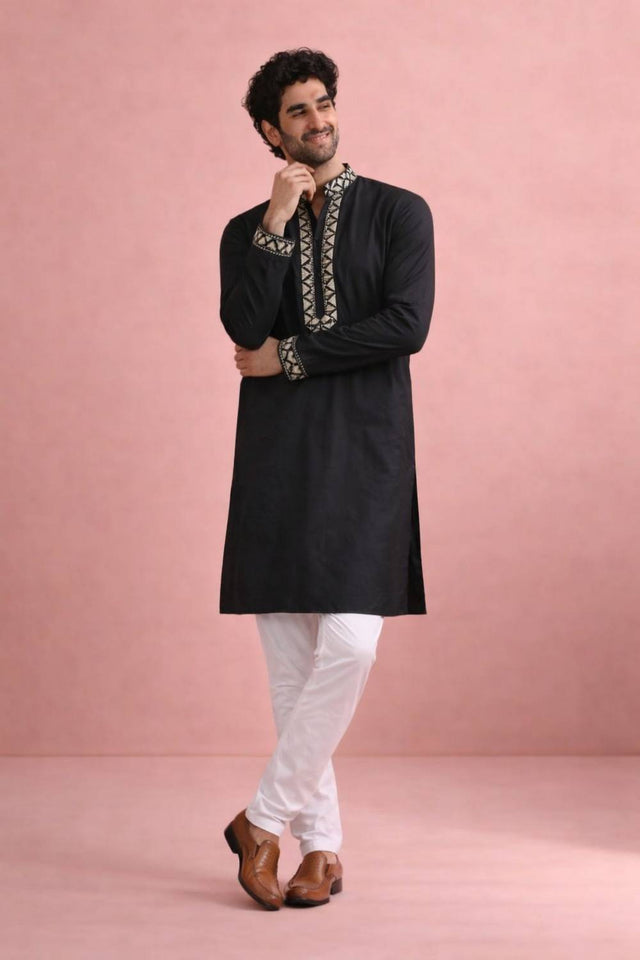 Mens Black Printed Silk Kurta Set (ACA6536)