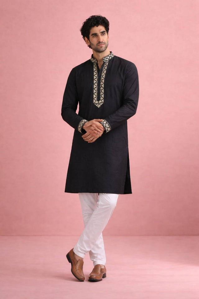Mens Black Printed Silk Kurta Set (ACA6536)