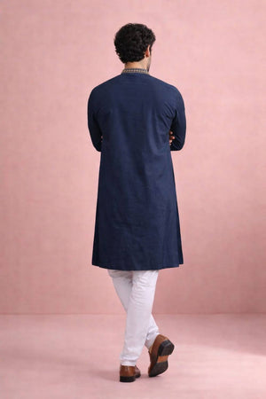 Mens Navy Blue Printed Silk Kurta Set (ACA6537)