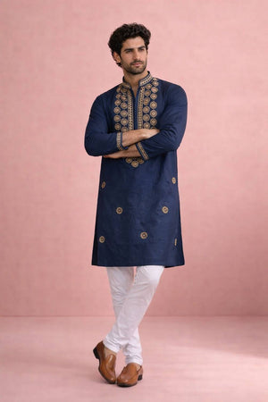 Mens Navy Blue Printed Silk Kurta Set (ACA6537)