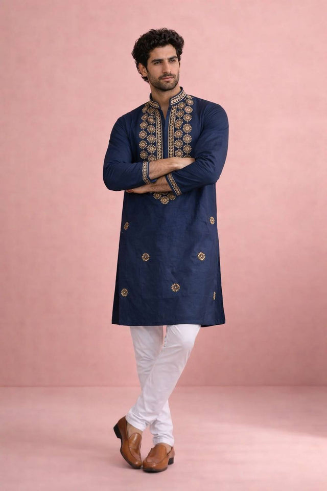Mens Navy Blue Printed Silk Kurta Set (ACA6537)