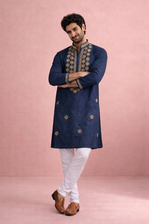 Mens Navy Blue Printed Silk Kurta Set (ACA6537)