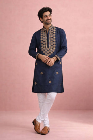 Mens Navy Blue Printed Silk Kurta Set (ACA6537)