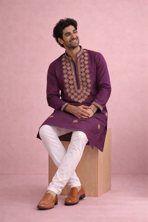 Mens Wine Printed Silk Kurta Set (ACA6538)