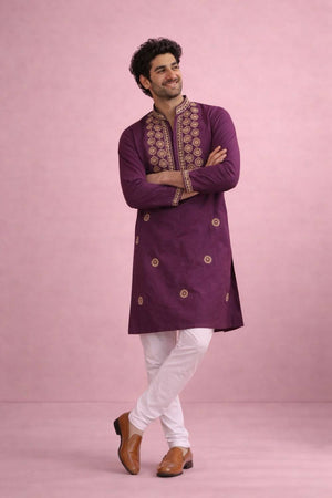 Mens Wine Printed Silk Kurta Set (ACA6538)