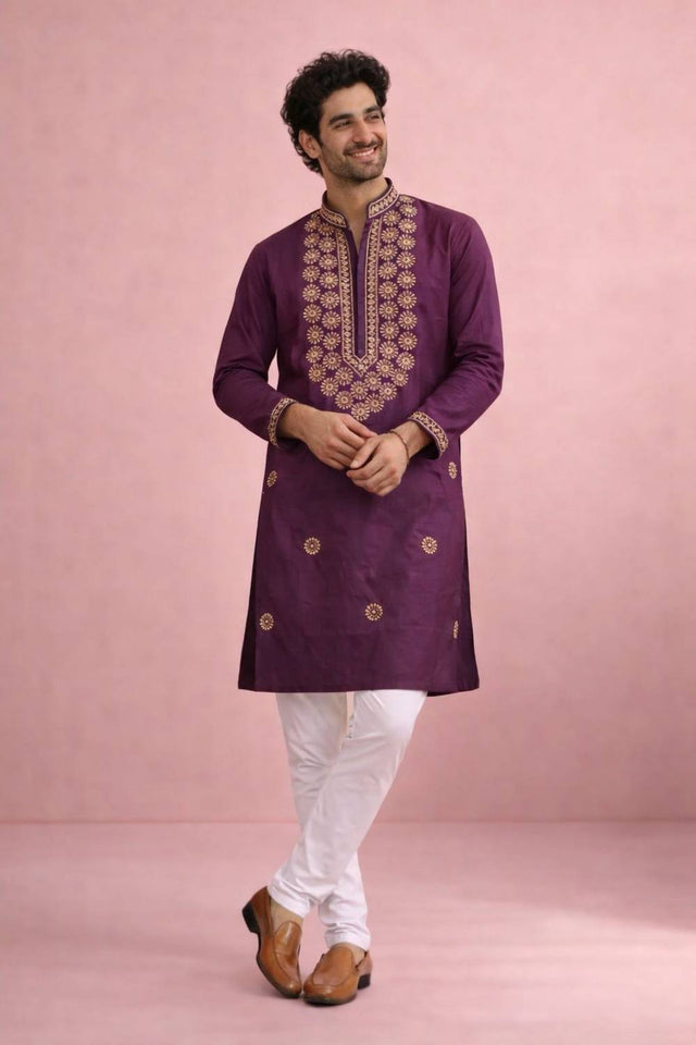 Mens Wine Printed Silk Kurta Set (ACA6538)
