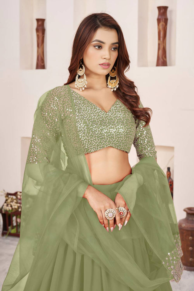 Olive Green Sequin Georgette Lehenga (ACA6566)