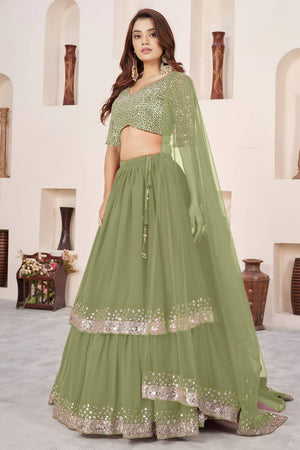 Olive Green Sequin Georgette Lehenga (ACA6566)