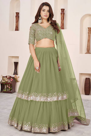 Olive Green Sequin Georgette Lehenga (ACA6566)