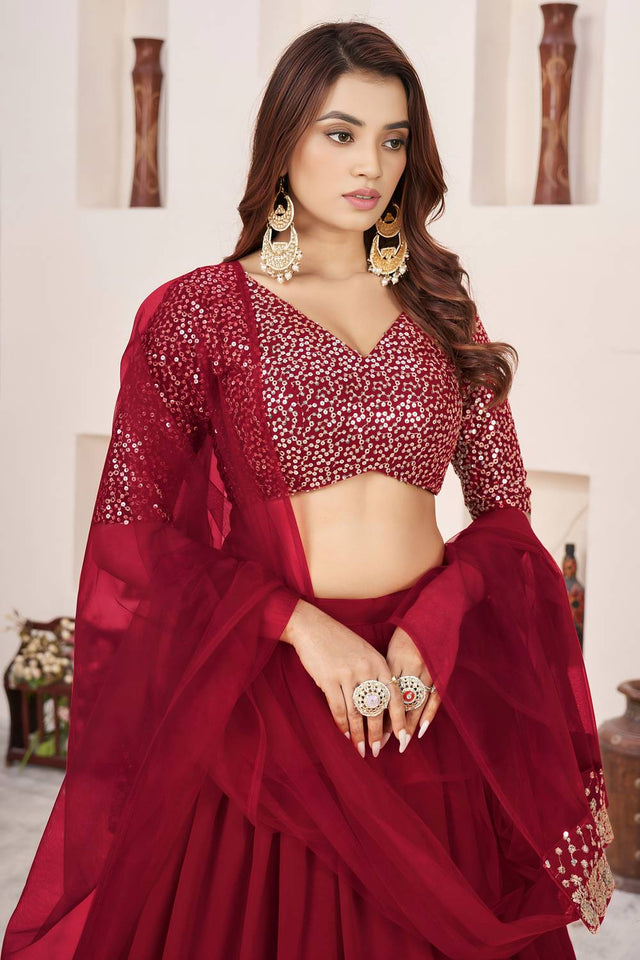 Red Sequin Georgette Lehenga (ACA6569)