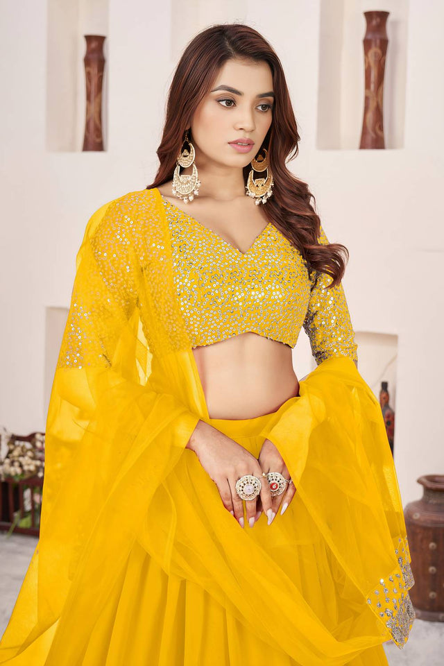 Yellow Sequin Georgette Lehenga (ACA6571)