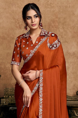 Rust Floral Embroidered Satin Saree (ACA6572)