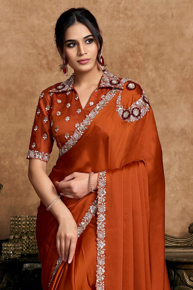 Rust Floral Embroidered Satin Saree (ACA6572)