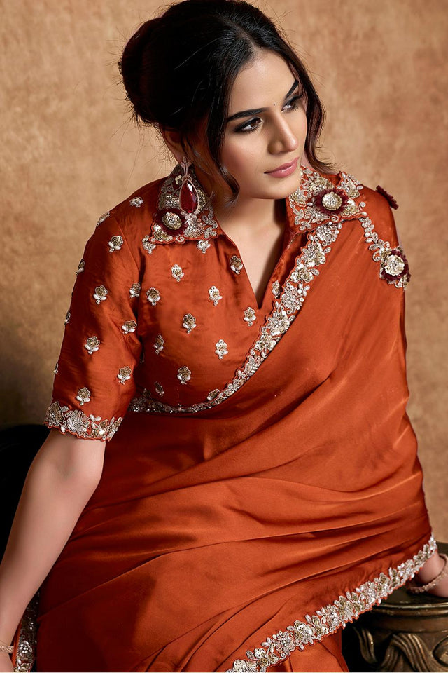 Rust Floral Embroidered Satin Saree (ACA6572)