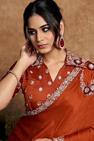 Rust Floral Embroidered Satin Saree (ACA6572)