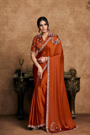 Rust Floral Embroidered Satin Saree (ACA6572)