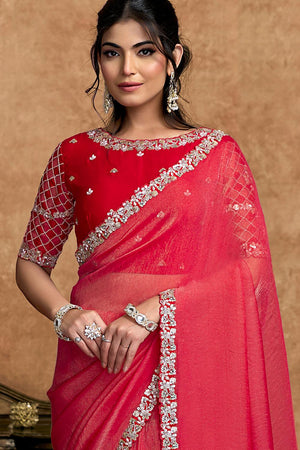 Red Floral Embroidered Satin Saree (ACA6573)
