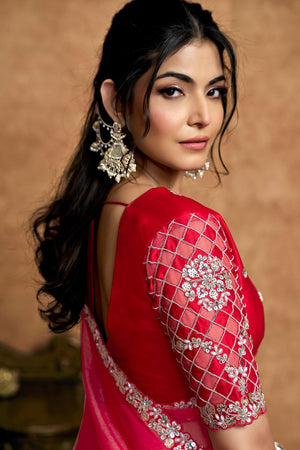 Red Floral Embroidered Satin Saree (ACA6573)